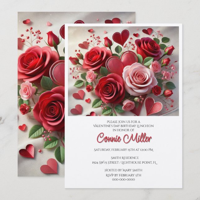 Invitación Comida elegante de cumpleaños de San Valentín (Anverso / Reverso)