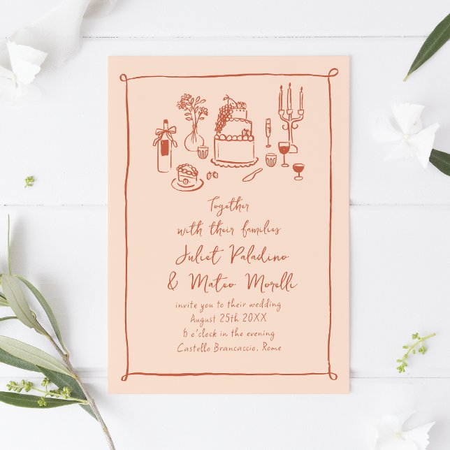 Invitación Comida esbozada y bebida Boda de la cada paletilla (peach quirky hand-drawn wedding invitation with food doodles)