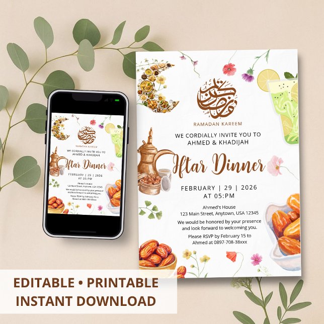 Invitación Comida Iftar Acuarela Floral Cena Iftar Ramadan (Subido por el creador)