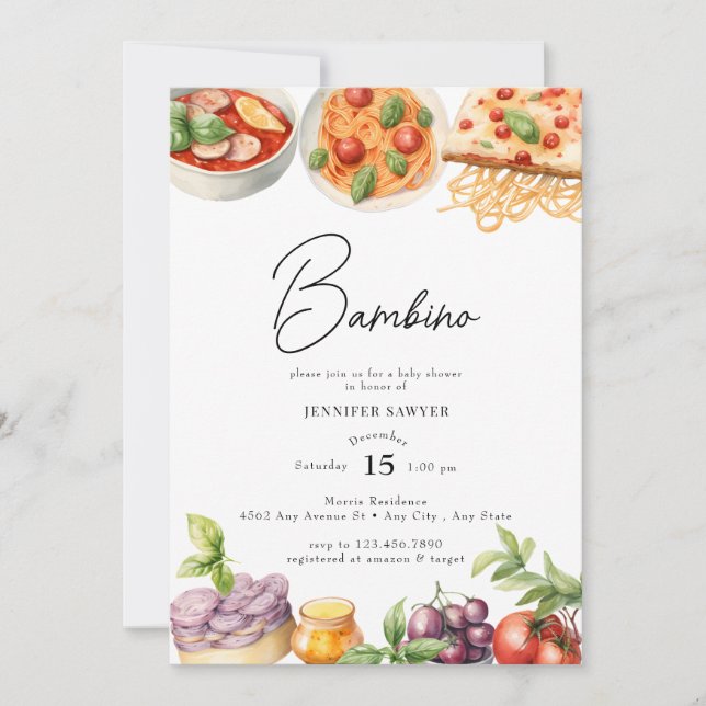 Invitación Comida italiana | Baby Shower acuarela (Anverso)
