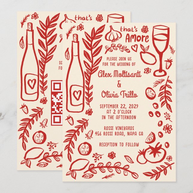 Invitación Comida Italiana That's Amore Fiesta de Boda QR Per (Anverso / Reverso)