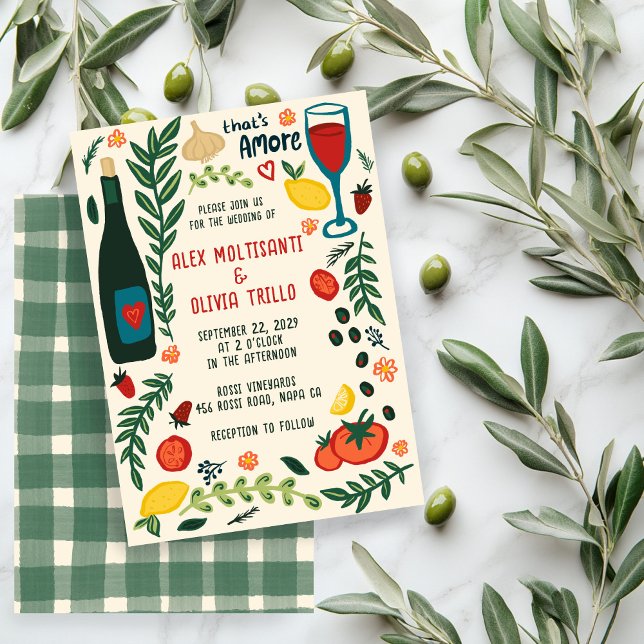 Invitación Comida Italiana That's Amore FIESTA de BODAS PERSO (That's Amore Italian Food CUSTOM Hand-drawn Charming Wedding Party Invitation
)