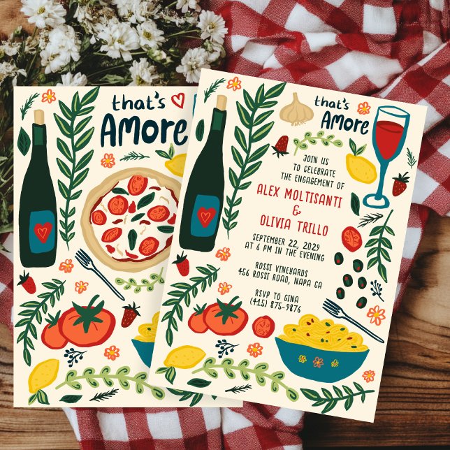 Invitación Comida Italiana That's Amore Fiesta de Compromiso  (That's Amore Italian Food CUSTOM Engagement Party Invitation
)