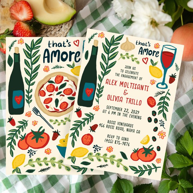 Invitación Comida Italiana That's Amore Fiesta de Compromiso  (That's Amore Italian Food CUSTOM Engagement Party Invitation
)