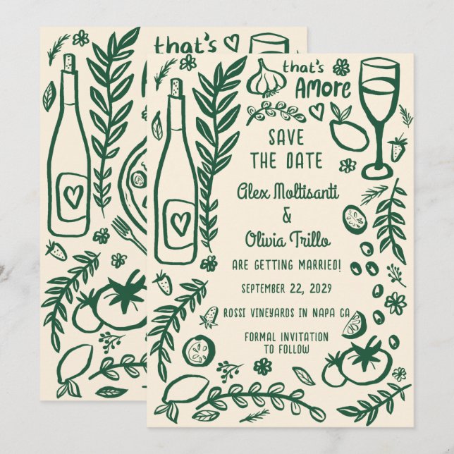 Invitación Comida Italiana That's Amore GUARDAR LA FECHA Pers (Anverso / Reverso)