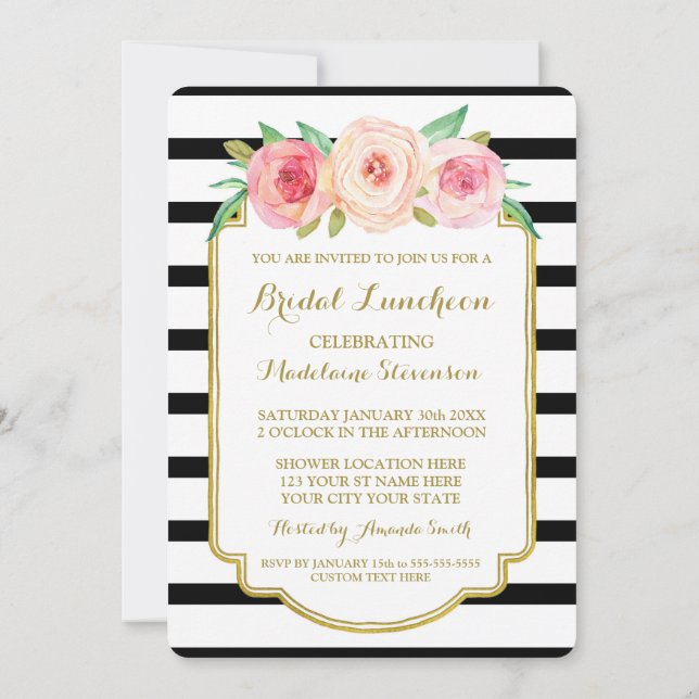Invitación Comida nupcial floral rosada en franjas negras (Reverso)