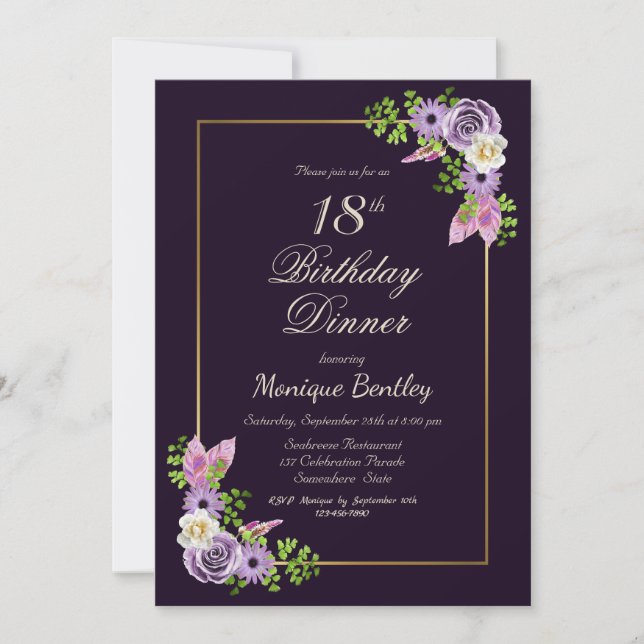 Invitación Comida Purple Floral 18º cumpleaños (Anverso)
