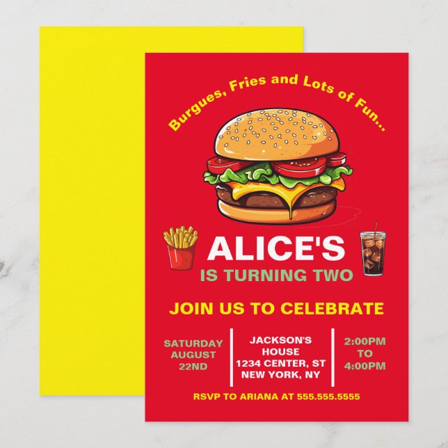 Invitación Comida rápida Hamburguer Fries Soda Cumpleaños (Anverso / Reverso)