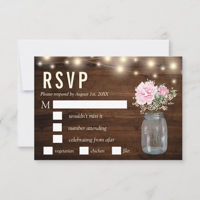 Invitación Comida Rustic Wood Peony Floral Mason RSVP (Anverso)