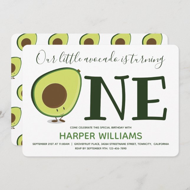 Invitación Comida Un aguacate lindo Primer cumpleaños (Anverso / Reverso)