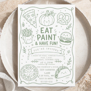Invitación comida verde Fiesta Divertida Minimalista Garabato