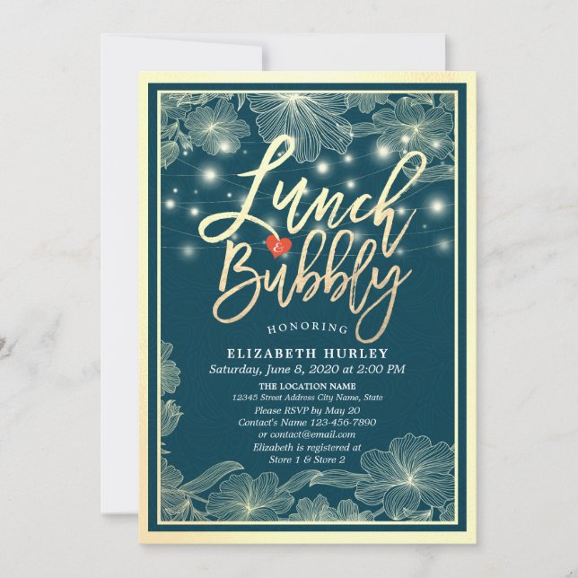 Invitación Comida y burbuja ducha de novia Blu Gold Floral (Anverso)