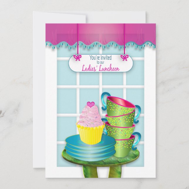 Invitación Comidas de Damas, Té Cups, Platos y Pasteles (Anverso)