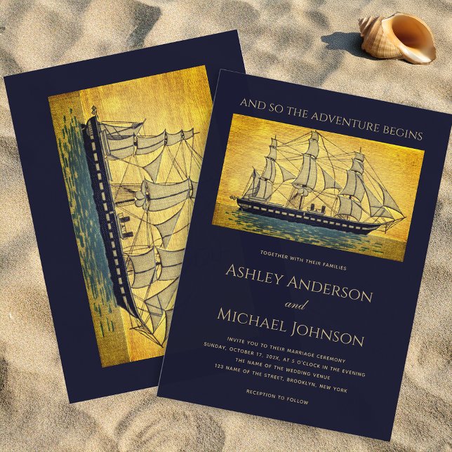 Invitación Comienza aventura de barco de oro de Boda náutico (Subido por el creador)