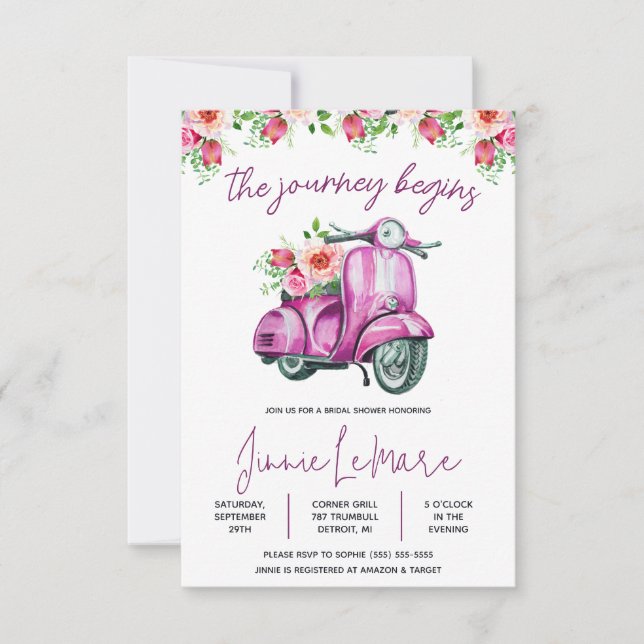 Invitación ¡Comienza El Viaje! Scooter, ducha de novias Vespa (Anverso)