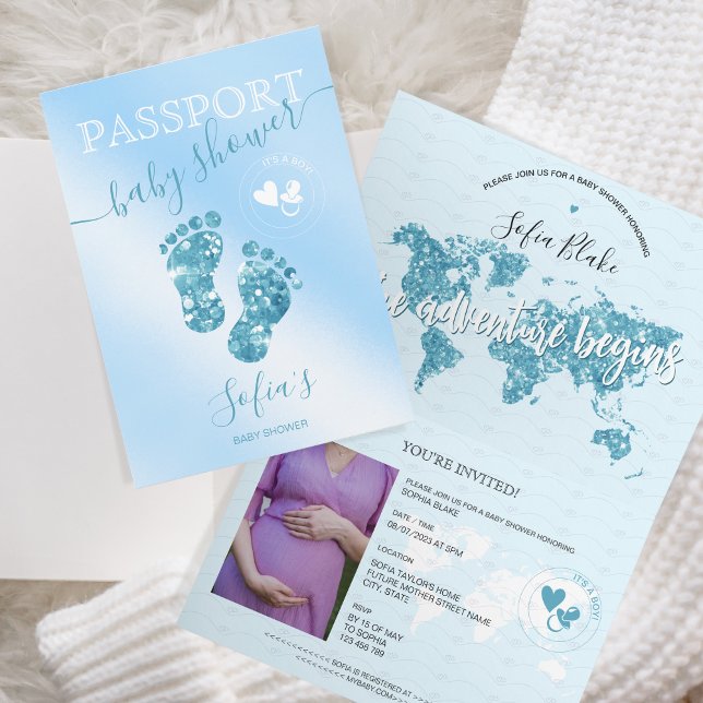 Invitación Comienza la aventura Baby Shower de Passport Trave (it's a boy baby shower passport invitation)
