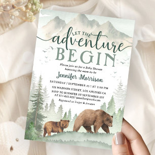 Invitación Comienza la aventura, baby shower, oso, bosque, se