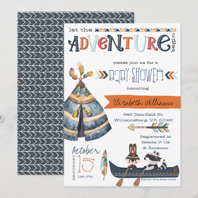 Invitación Comienza la aventura - Baby Shower tribal (Anverso / Reverso)