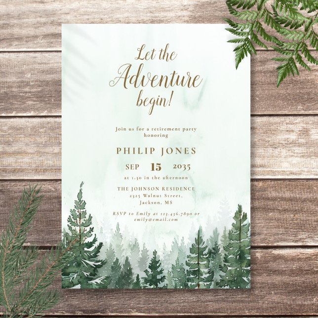 Invitación Comienza La Aventura Bosque De Pinos Jubilación (Let The Adventure Begin Pine Forest Retirement Invitation)