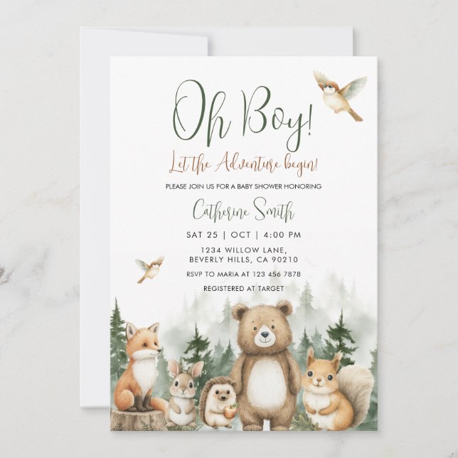 Invitación Comienza la aventura Bosque Ducha para bebé (Anverso)