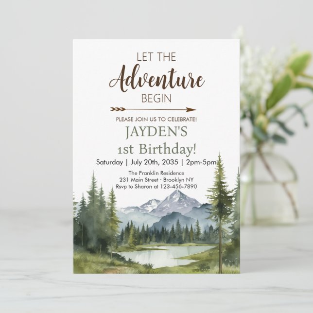 Invitación Comienza la aventura Bosque Rústico Cumpleaños 1 (Anverso de pie)