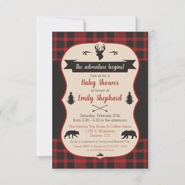 Invitación ¡Comienza La Aventura! Buffalo Plaid Baby Shower (Anverso)