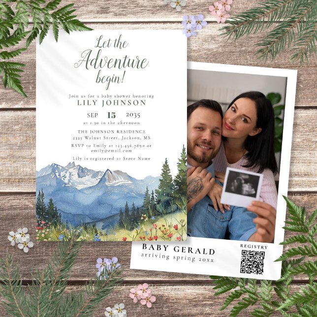 Invitación Comienza la aventura, código QR de foto para baby  (Let The Adventure Begin Baby Shower Photo QR Code Invitation)