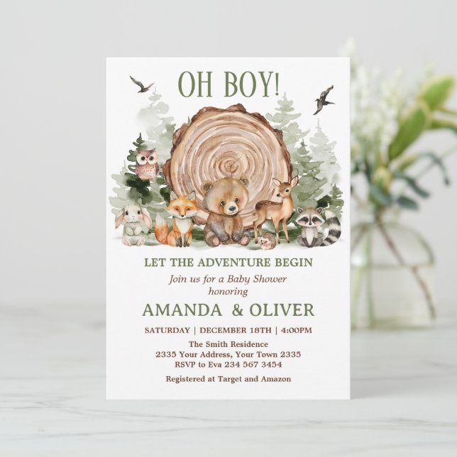 Invitación Comienza la aventura Cumpleaños de Niño Bosque (Anverso de pie)