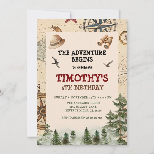 Invitación  Comienza La Aventura Cumpleaños Niño Explorador  (Anverso)