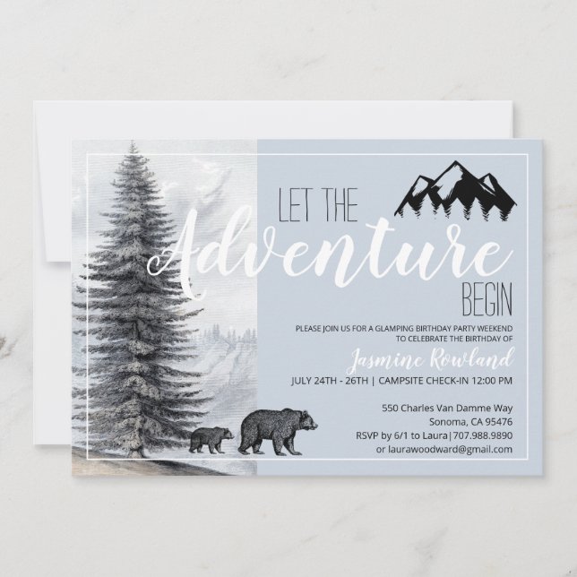 Invitación Comienza la aventura de cumpleaños de camping (Anverso)