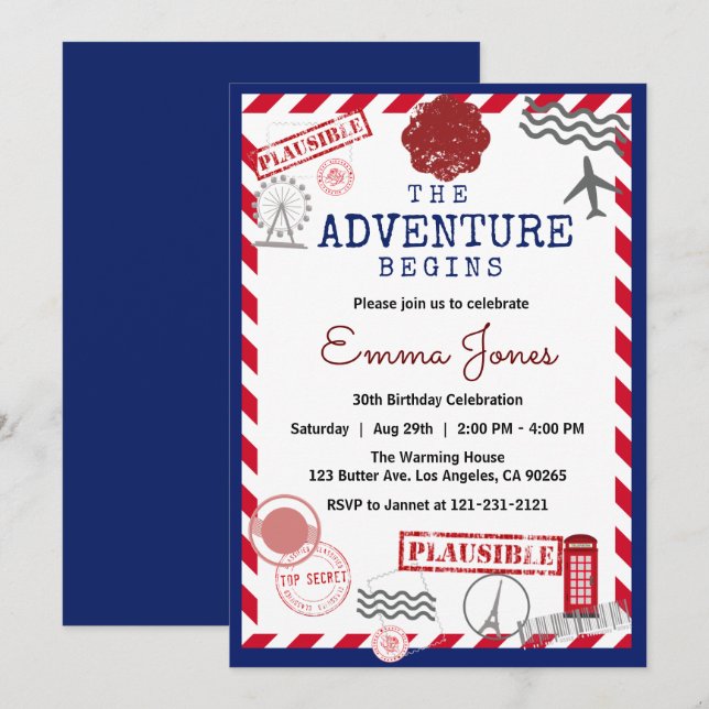 Invitación Comienza la aventura de cumpleaños de destino de s (Anverso / Reverso)