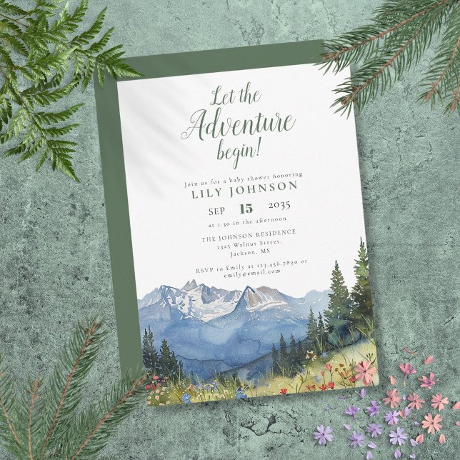 Invitación Comienza La Aventura De La Montaña Para La Llegada (Let The Adventure Begin Mountain Baby Shower Invitation)