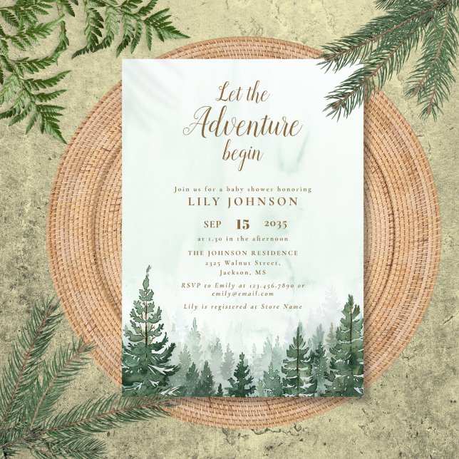 Invitación Comienza La Aventura Fiesta De Bebé Bosque De Pino (Let The Adventure Begin Pine Forest Baby Shower Invitation)