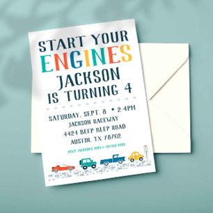 Invitación Comienza tu cumpleaños de transporte de motores