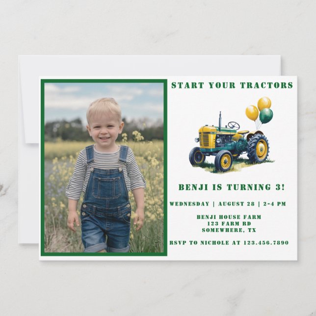 Invitación Comienza tu foto de Tractor Boy Bash de cumpleaños (Anverso)