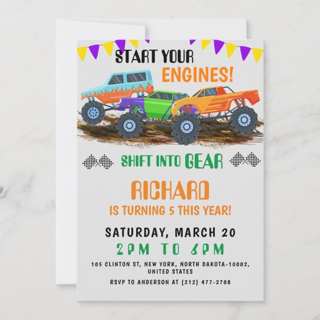 Invitación Comienza tu motor divertido Monster Truck Cumpleañ (Anverso)