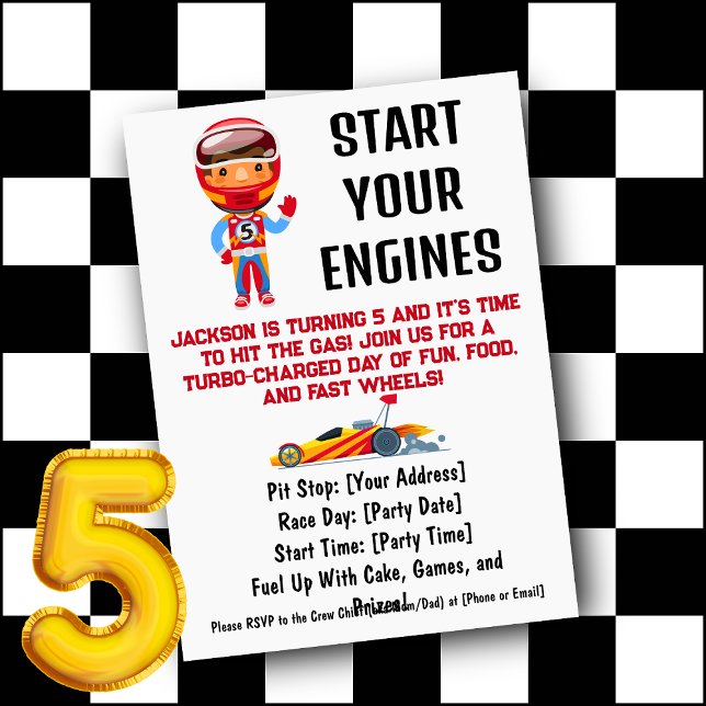 Invitación Comienza Tus Motores Cumpleaños de Niño 5 (Start Your Engines Boy's 5th Birthday Invitation)