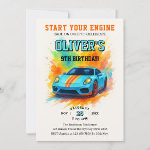 Invitación Comienza tus motores Fiesta de cumpleaños acuarela