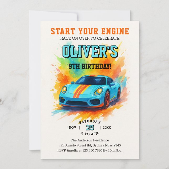Invitación Comienza tus motores Fiesta de cumpleaños acuarela (Anverso)