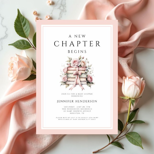 Invitación Comienza un Nuevo Capítulo Libros con Lazo Rosa Fi (A New Chapter Begins Pink Bow Books Baby Shower Invitation)