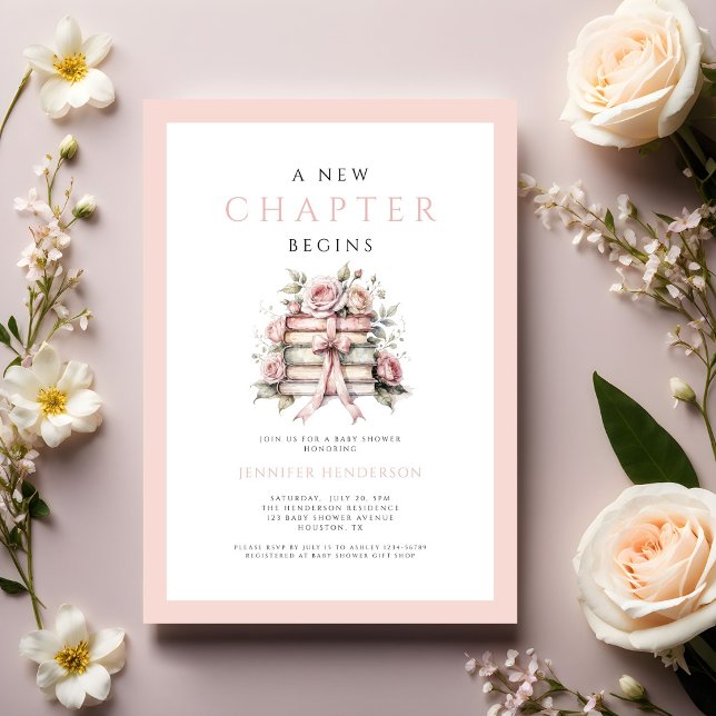 Invitación Comienza un Nuevo Capítulo Libros con Lazo Rosa Fi (A New Chapter Begins Pink Bow Books Baby Shower Invitation)