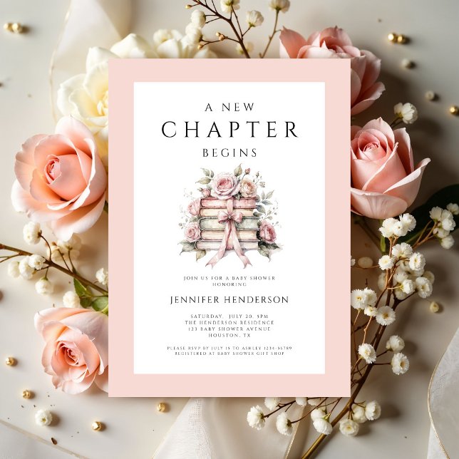Invitación Comienza un Nuevo Capítulo Libros con Lazo Rosa Fi (A New Chapter Begins Pink Bow Books Baby Shower Invitation)