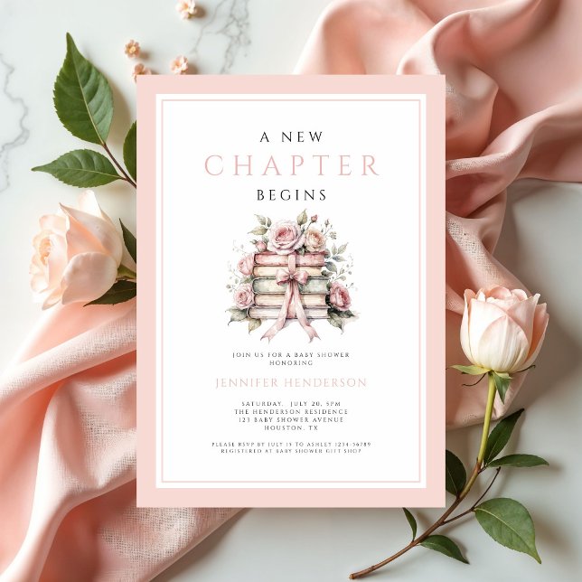Invitación Comienza un Nuevo Capítulo Libros con Lazo Rosa Fi (A New Chapter Begins Pink Bow Books Baby Shower Invitation)