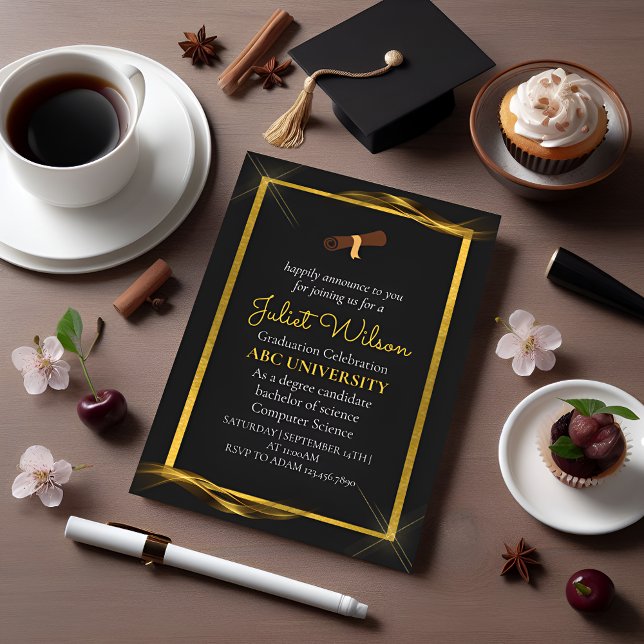 Invitación Comienzo elegante de la universidad de oro en negr (Subido por el creador)