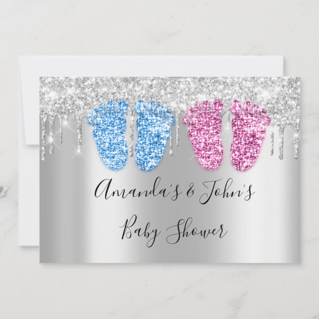 Invitación Comillas de plata con goteo de Baby ShowerChica de (Reverso)