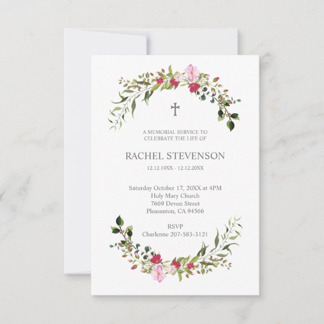 Invitación Commemorative In memoriam Floral in Pink & Red (Anverso)