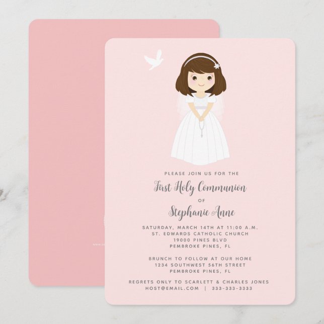 Invitación Communion Dove Brunette Chica (Anverso / Reverso)