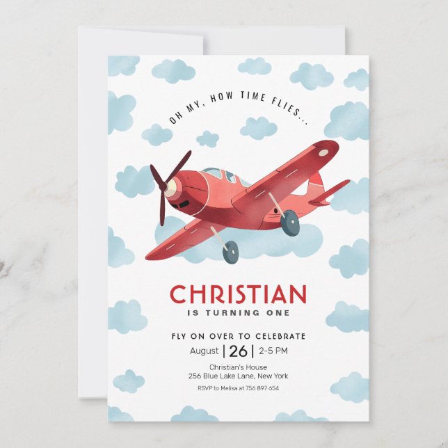 Invitación Cómo el tiempo vuela el cumpleaños del avión rojo (Anverso)