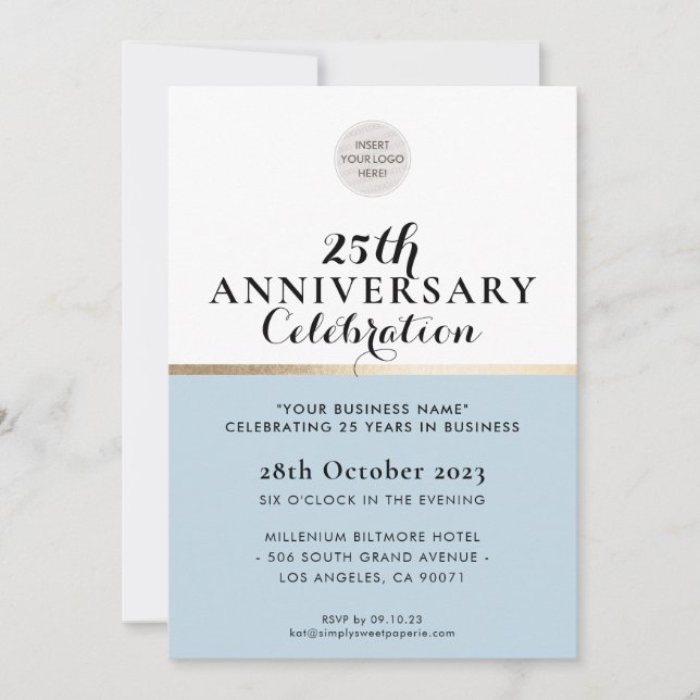 Invitación COMPAÑÍA ANIVERSARIO elegante oro azul pálido (Anverso)