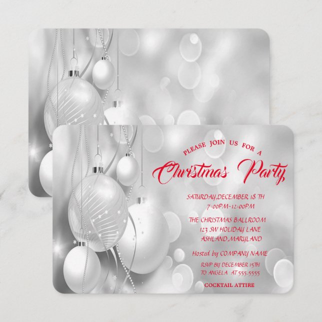 Invitación Compañía de Bolas de Navidad de Plata Fiesta de Na (Anverso / Reverso)